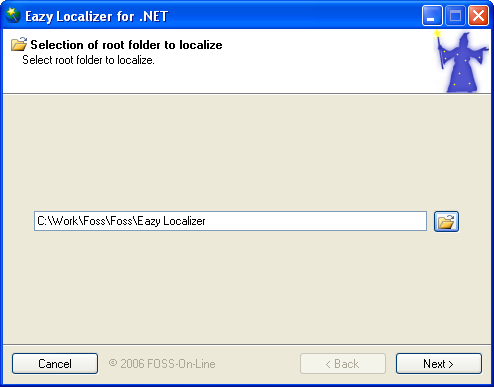 Selecting root folder of application source(s) to be localized